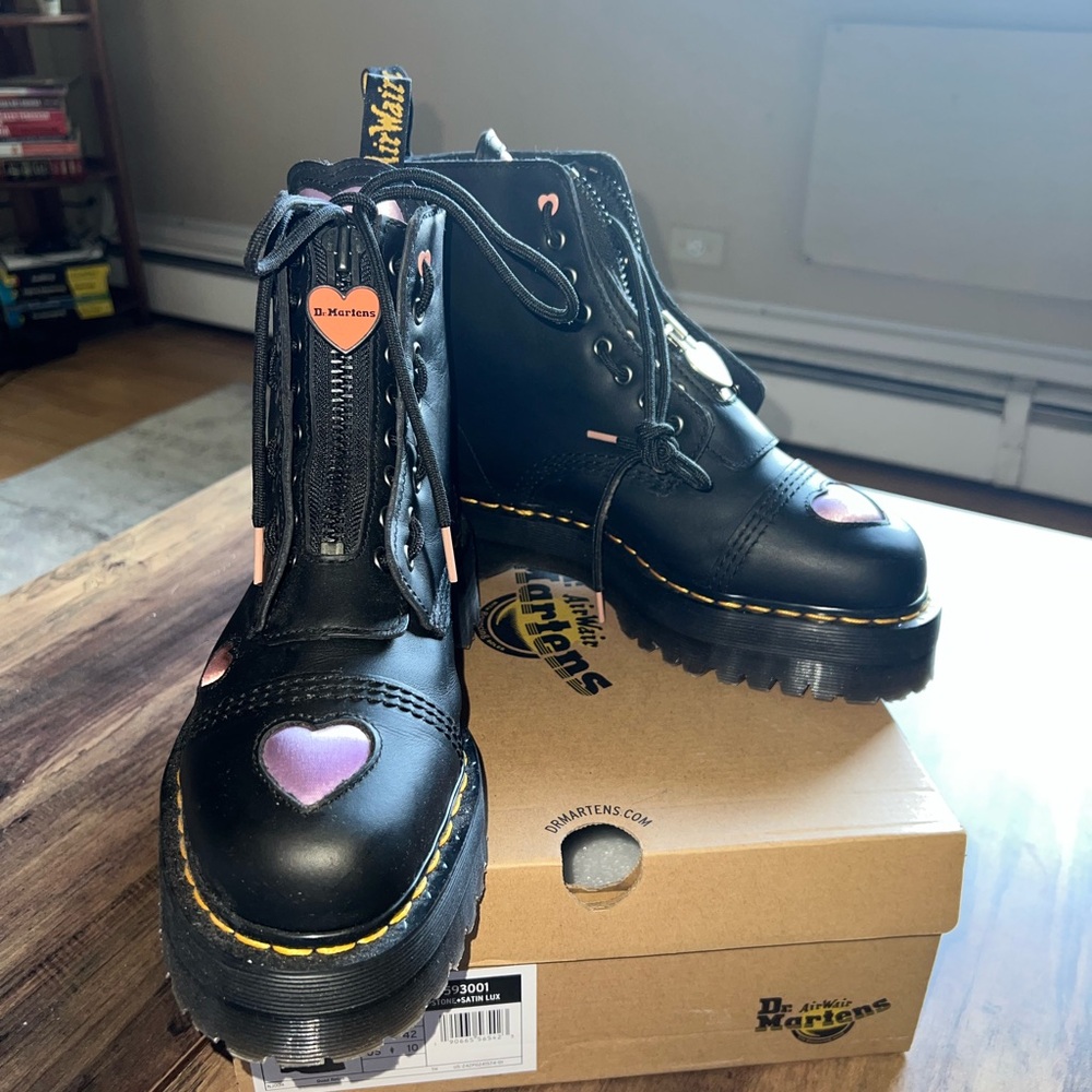Dr. Martens Black Lace-Up Boots with Pink and Purple Heart Accents